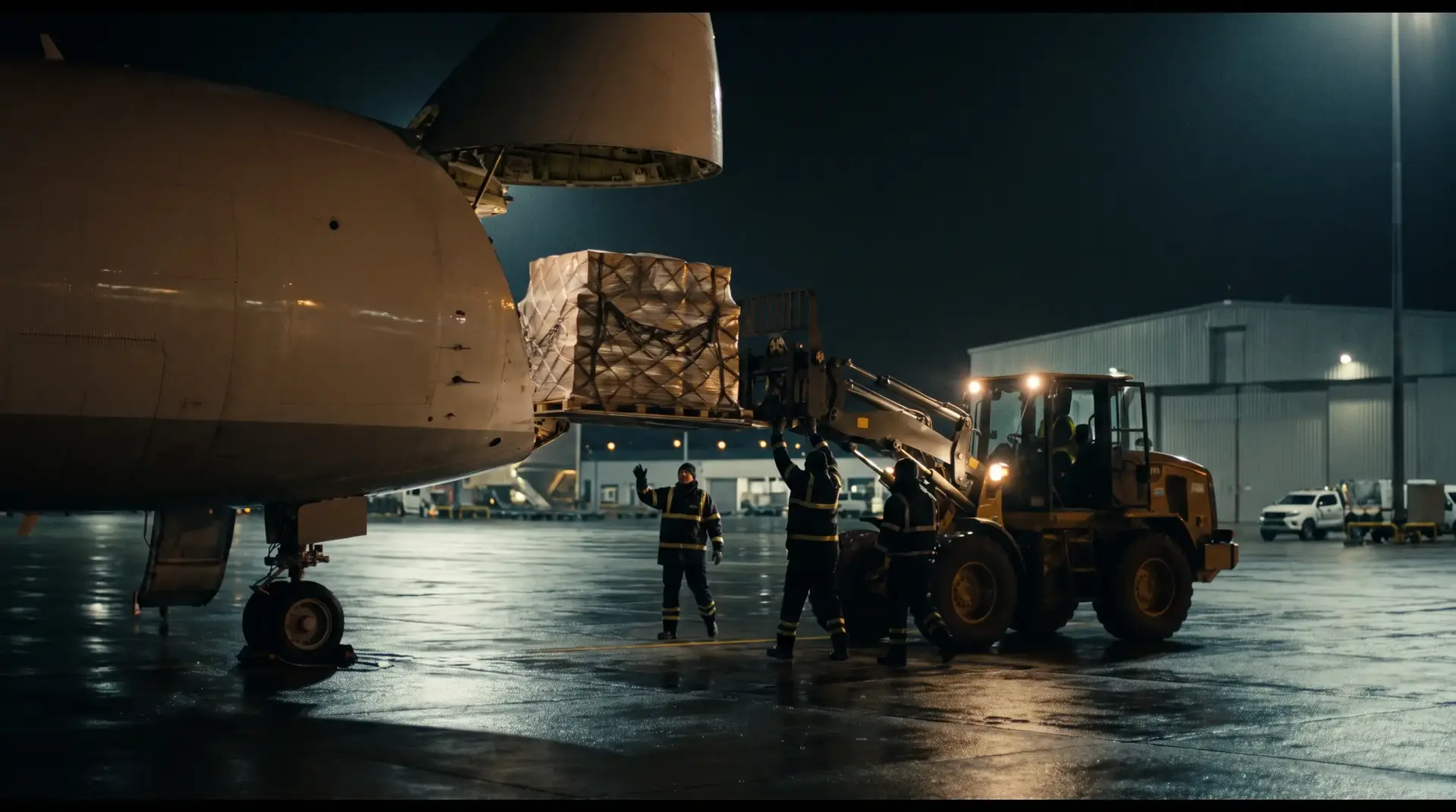 Avión de carga recibiendo tarimas de noche