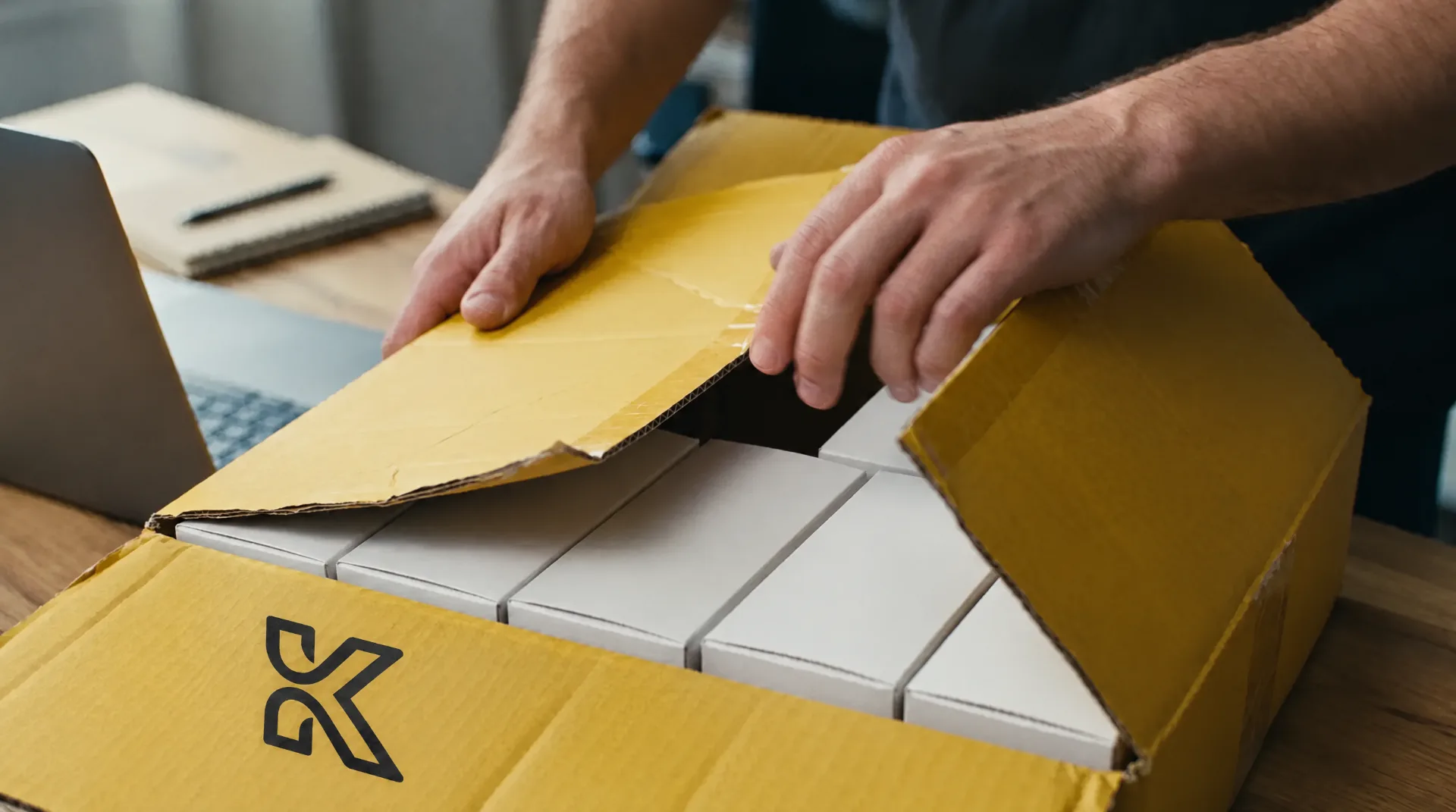 Una emprendedora abre una caja con su mercancía