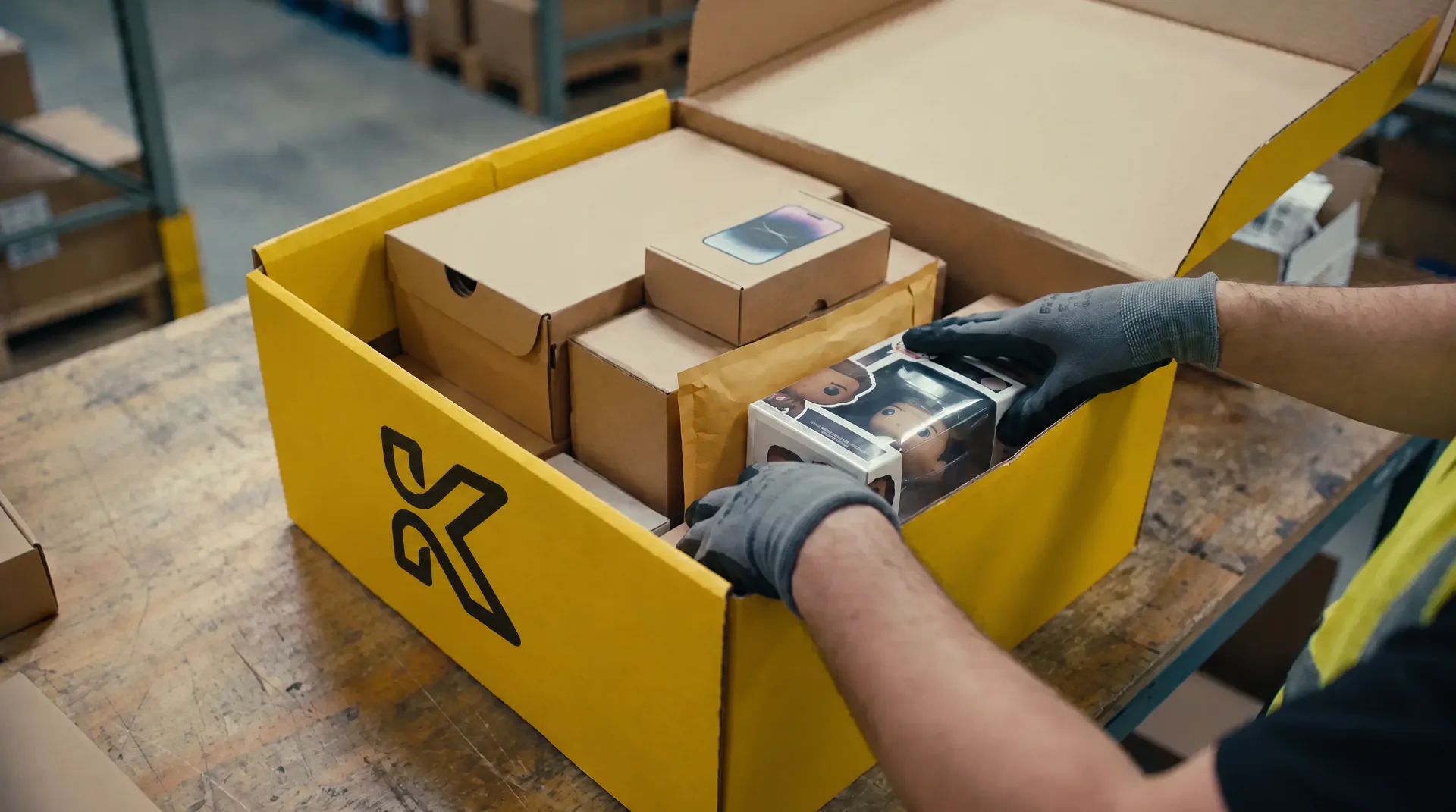 Manos empacando varias compras dentro de una sola caja amarilla