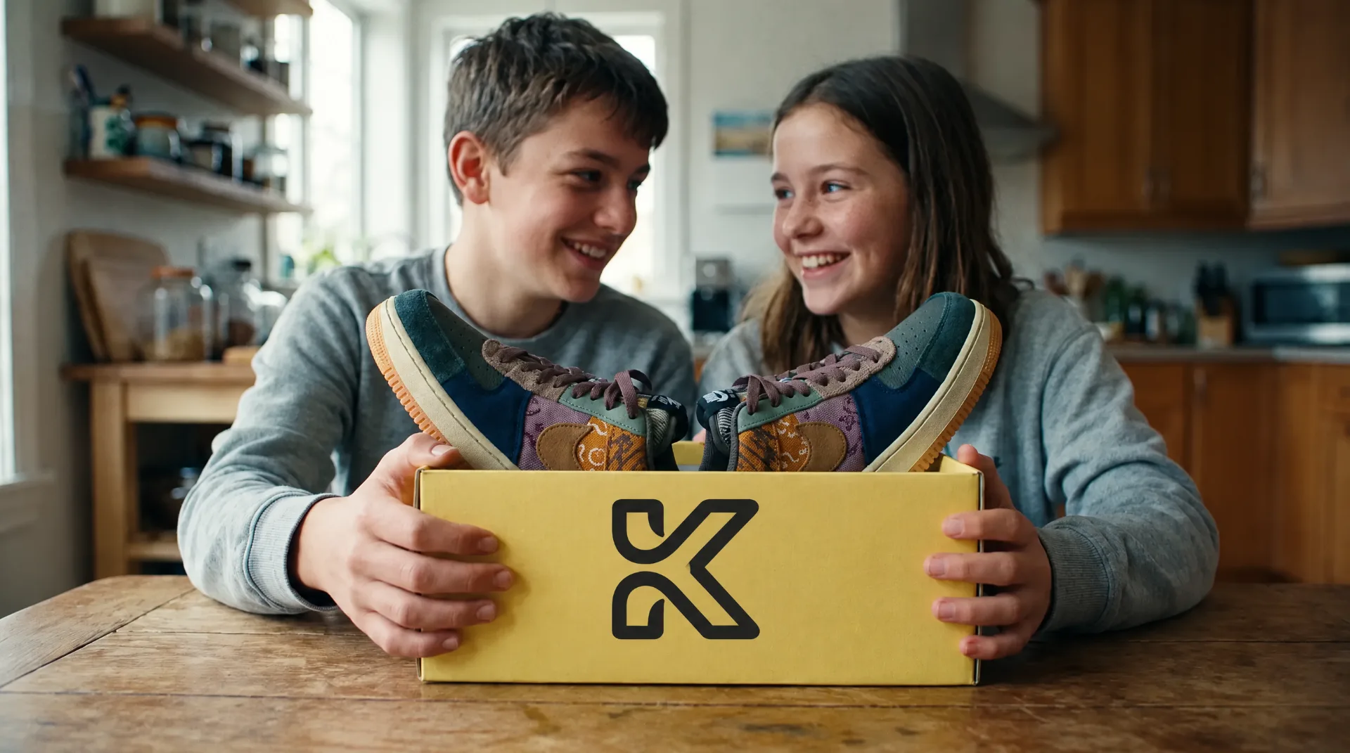 Dos hermanos abren una caja amarilla con tenis nuevos